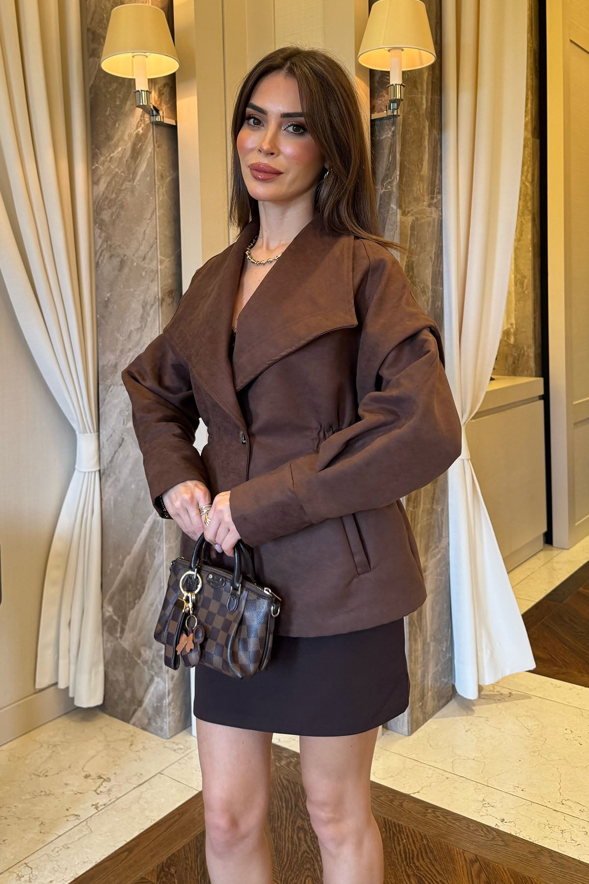 Kadın Süet Bel Büzgülü Ceket Kahverengi