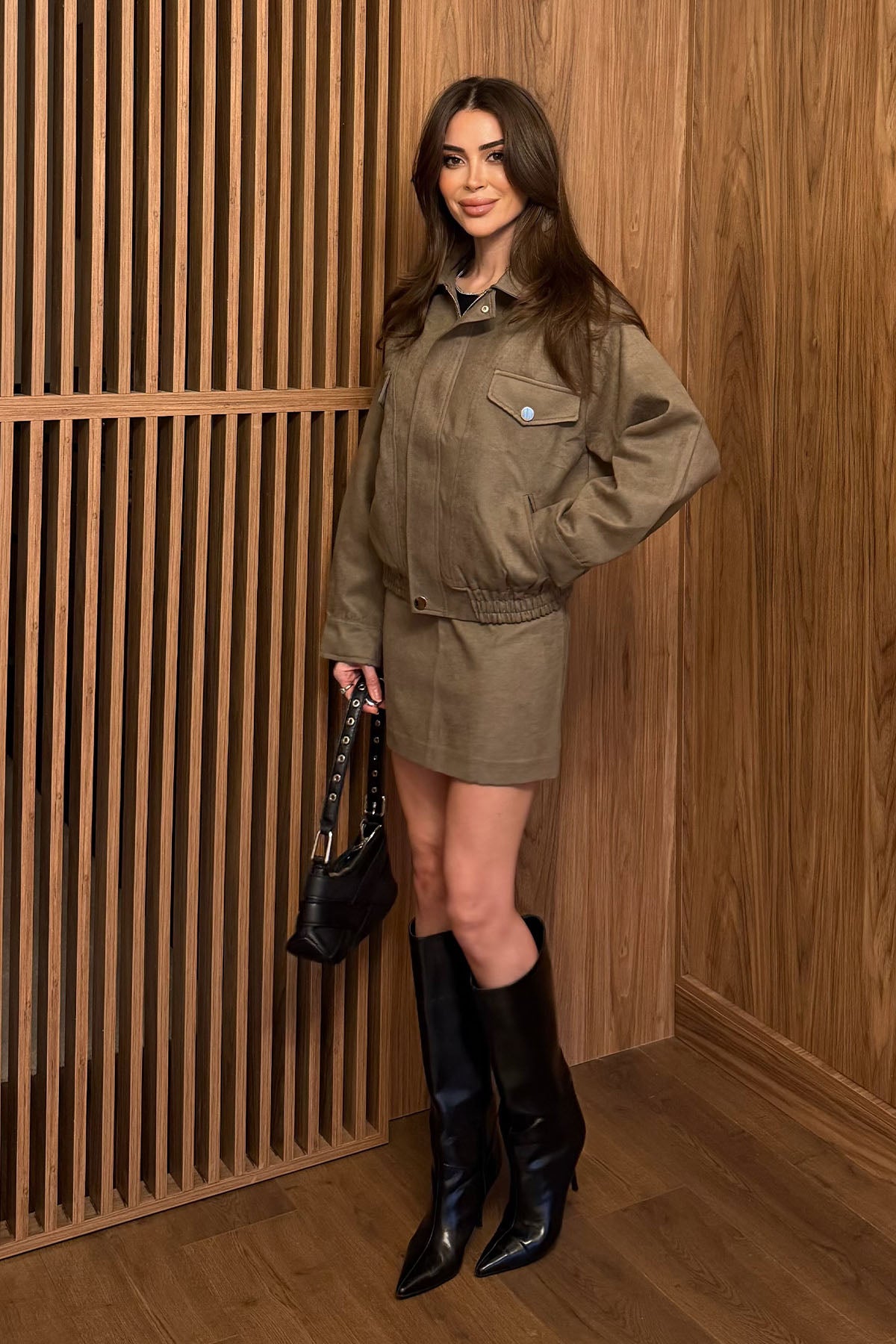 Kadın Bomber Ceket Etekli Takım Vizon