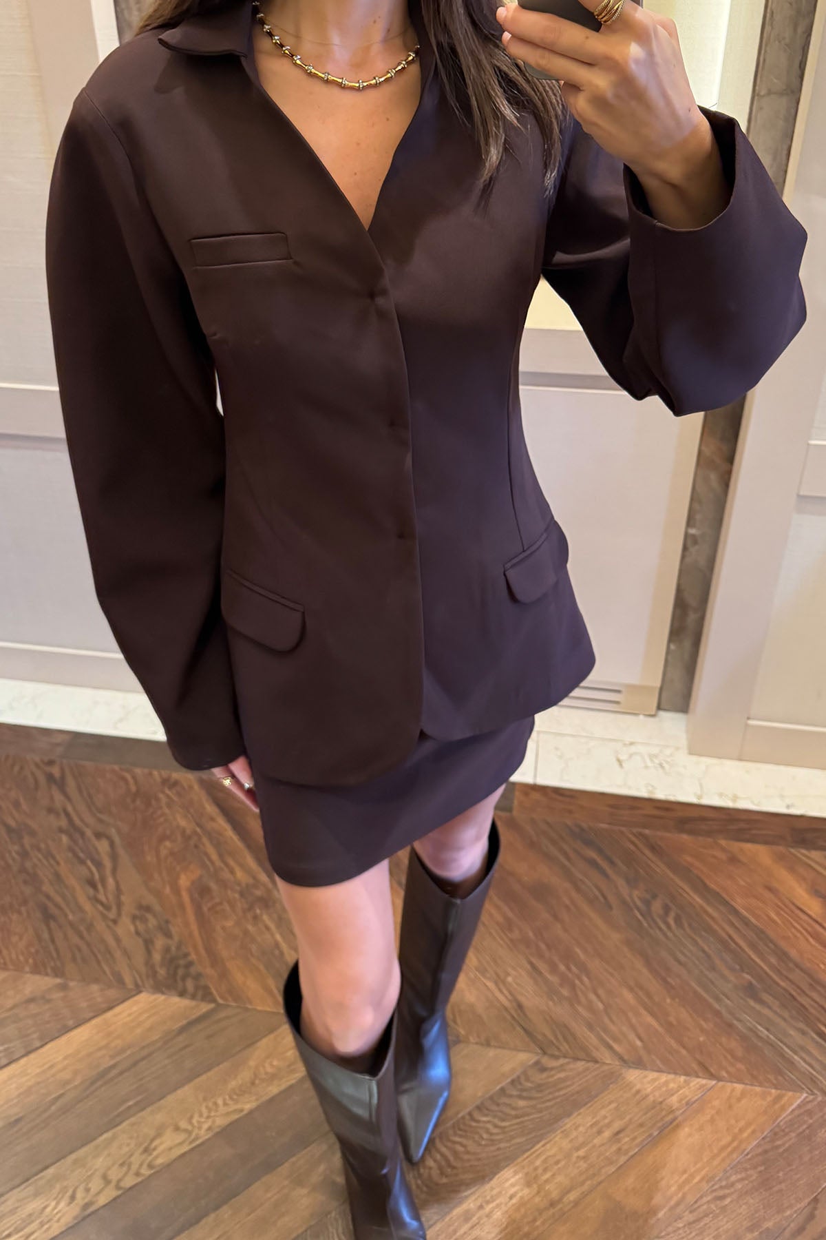 Kadın Blazer Etekli Takım Kahverengi