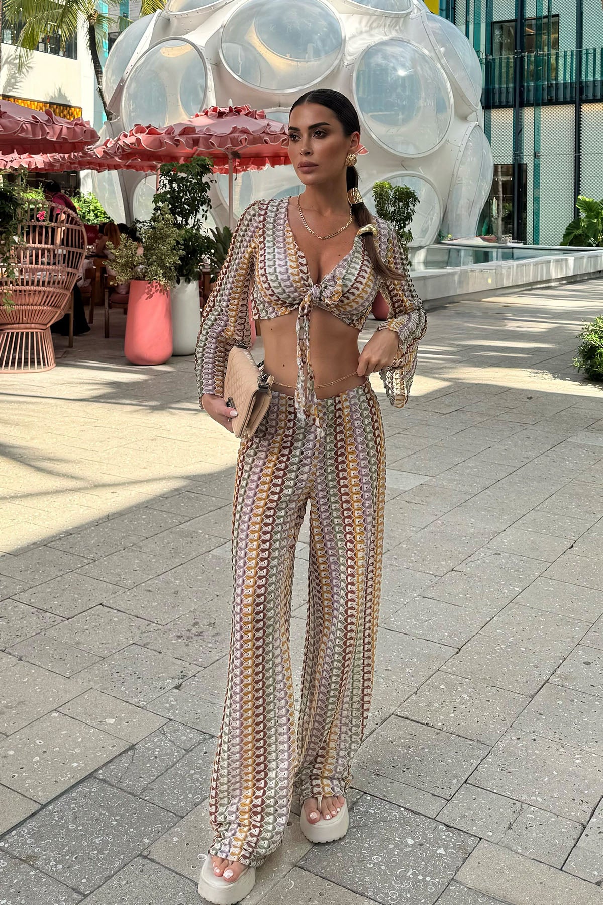 Kadın Renkli Desenli Pantolonlu Takım