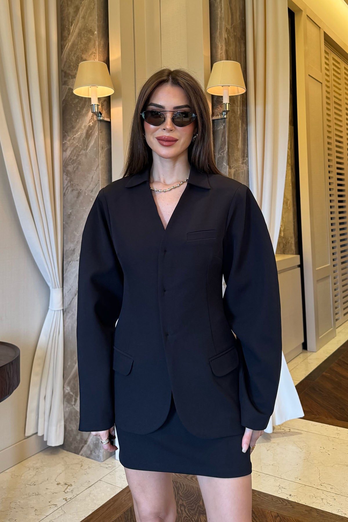 Kadın Blazer Etekli Takım Siyah