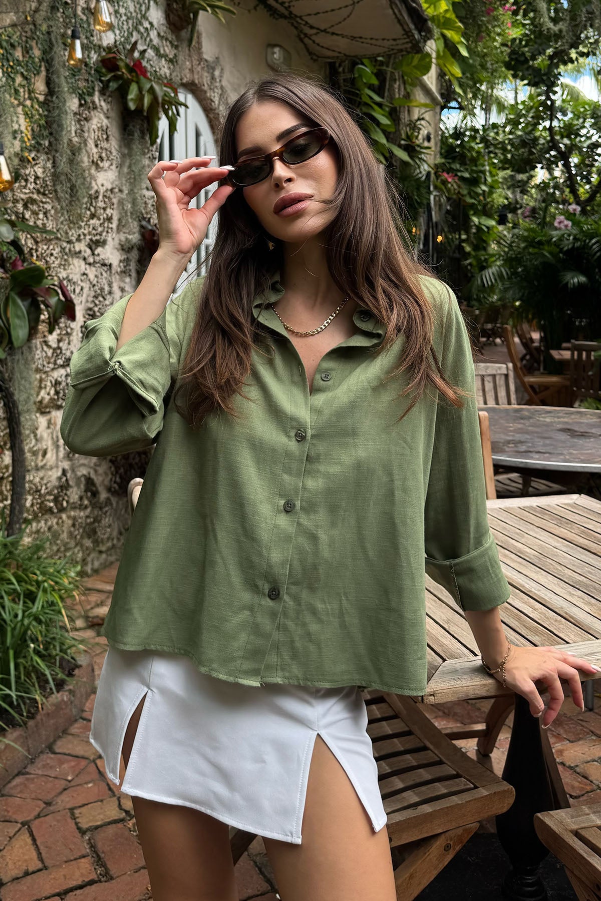 Kadın Organik Pamuk Oversize Kısa Gömlek Yeşil