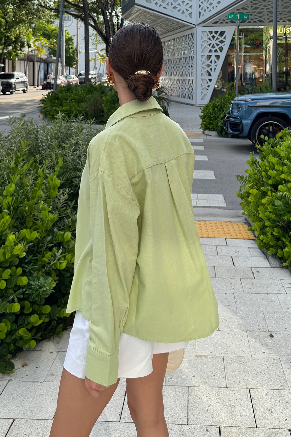 Kadın Organik Pamuk Oversize Kısa Gömlek Uçuk Yeşil