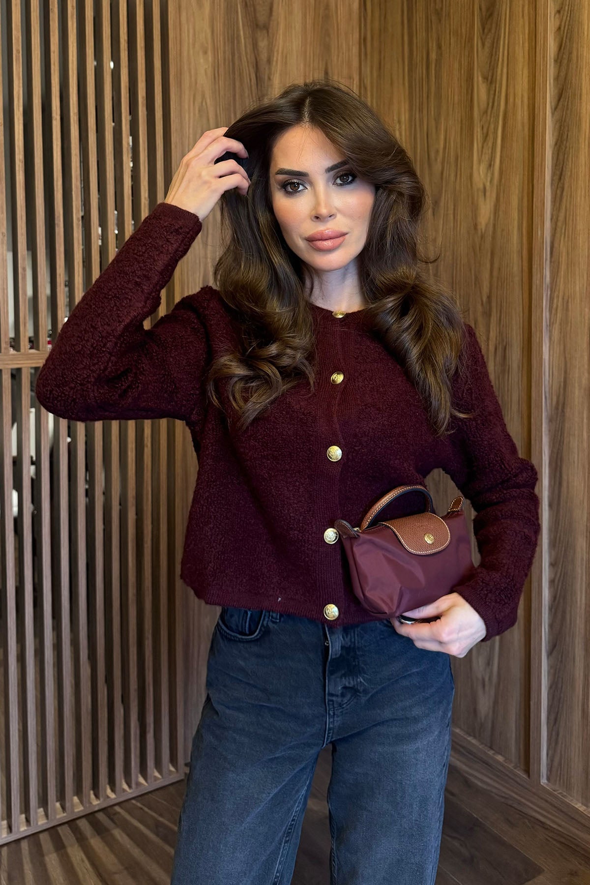 Kadın Yünlü Triko Hırka Bordo