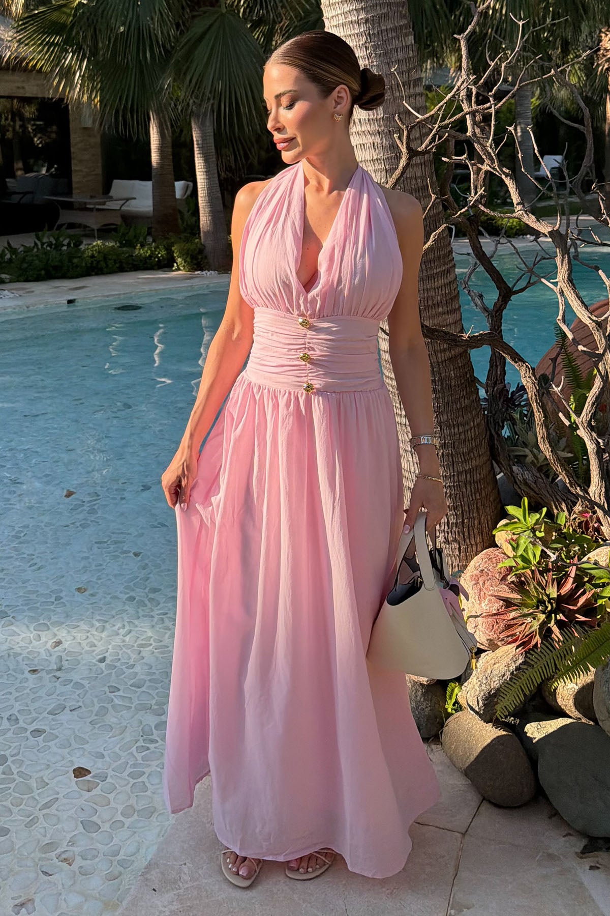Kadın Boyundan Bağlamalı Drape Detaylı Elbise Pembe