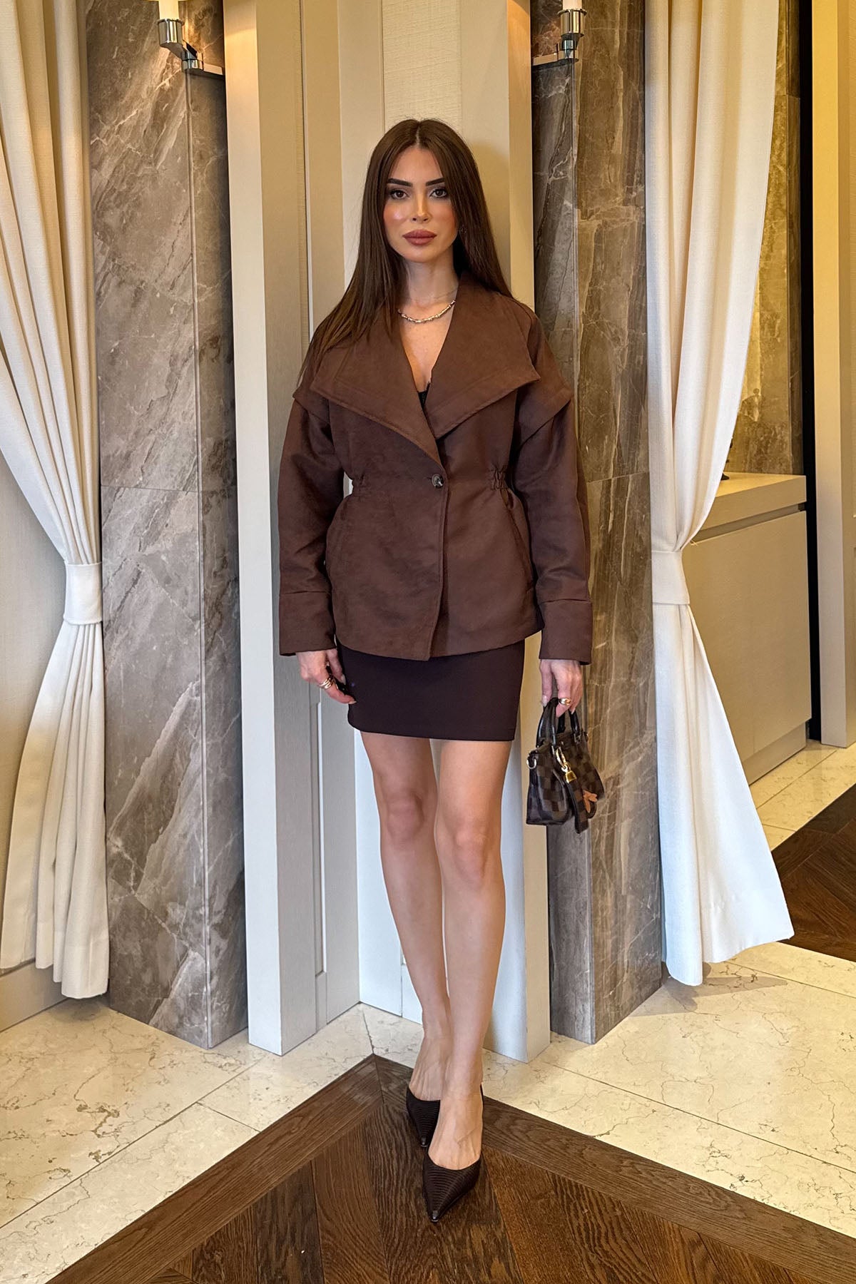 Kadın Süet Bel Büzgülü Ceket Kahverengi