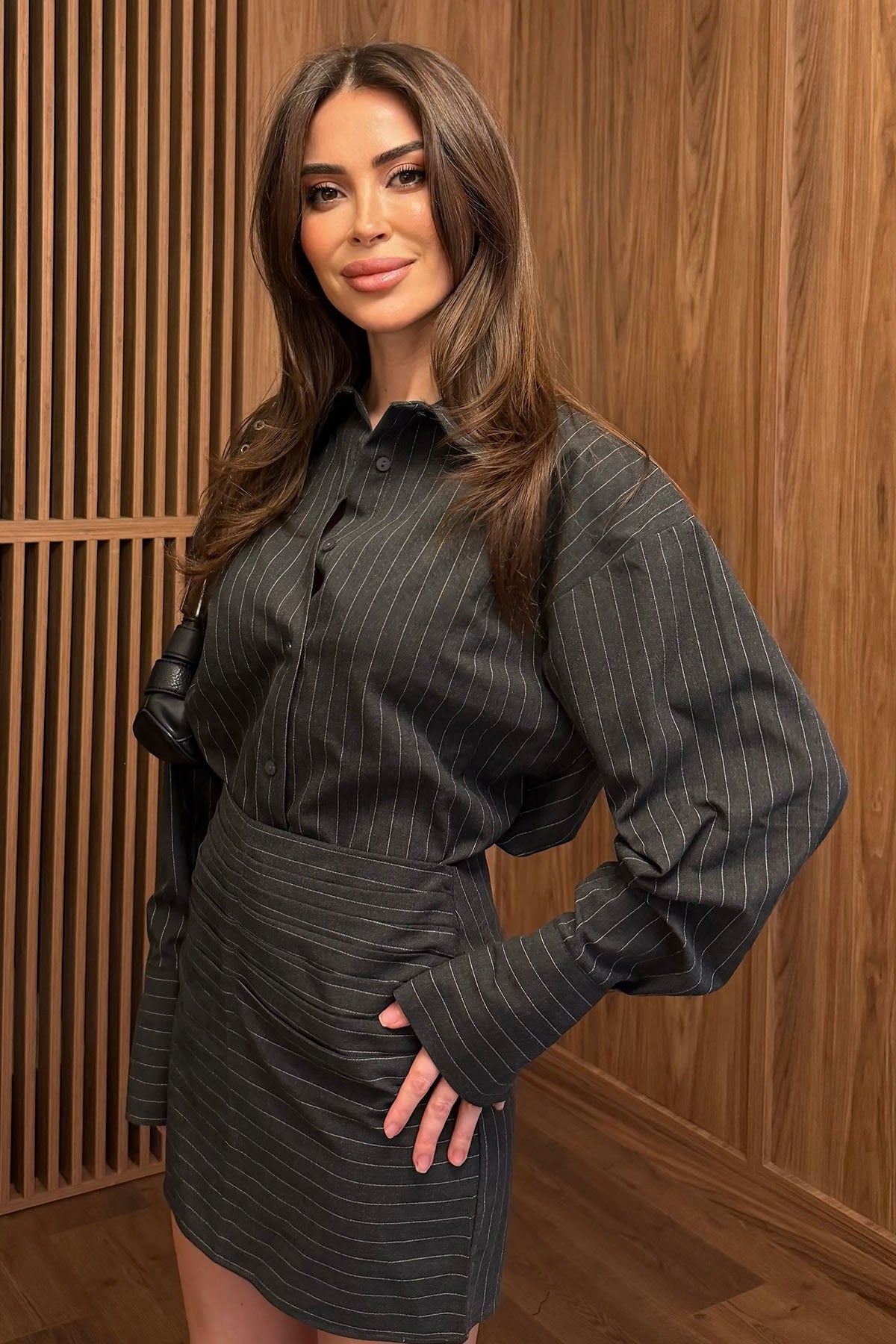 Kadın Çizgili Gömlek Etek Takım Antrasit